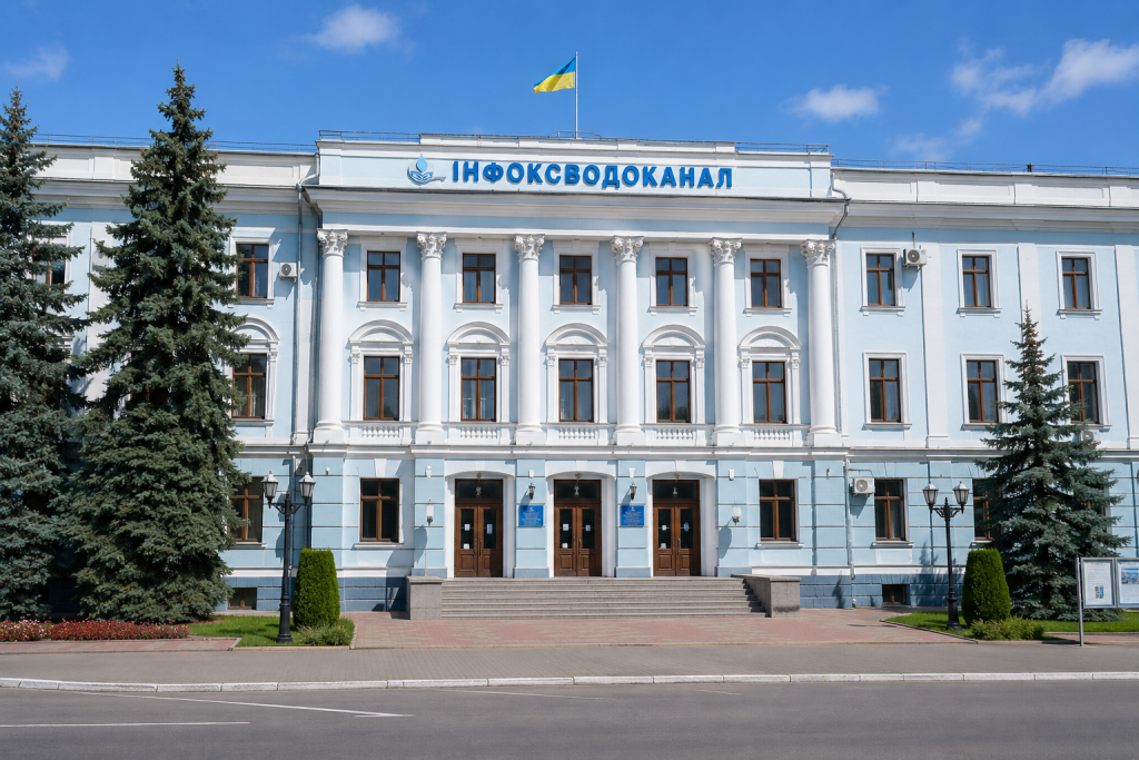 Фасад класичної блакитної будівлі Інфоксводоканалу в Одесі з написом на фронтоні та українським прапором на даху