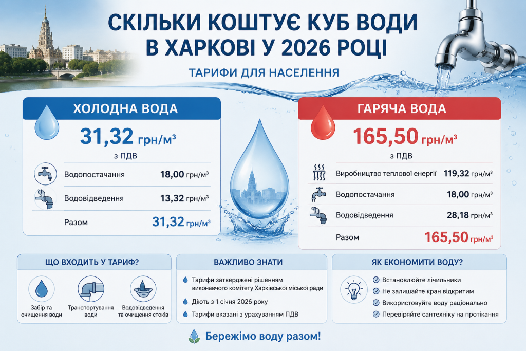 Інфографіка з тарифами на холодну (31,32 грн/м³) та гарячу (165,50 грн/м³) воду у Харкові у 2026 році