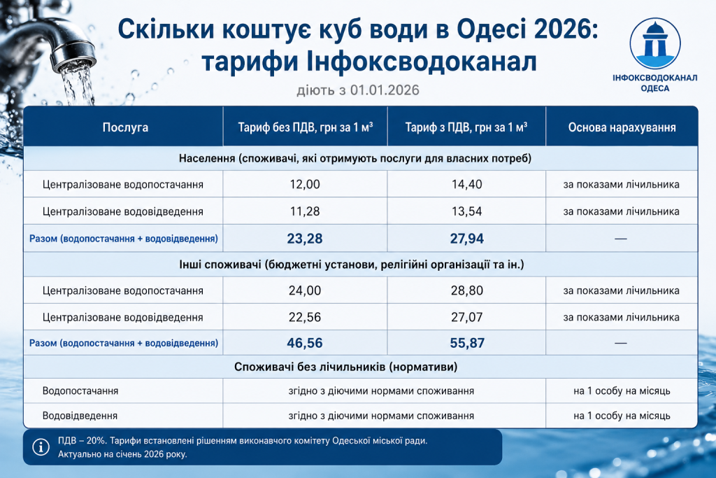 Таблиця тарифів Інфоксводоканал Одеса з 2026 року: водопостачання 14,40 грн і водовідведення 13,54 грн за 1 м³ з ПДВ для населення, разом 27,94 грн