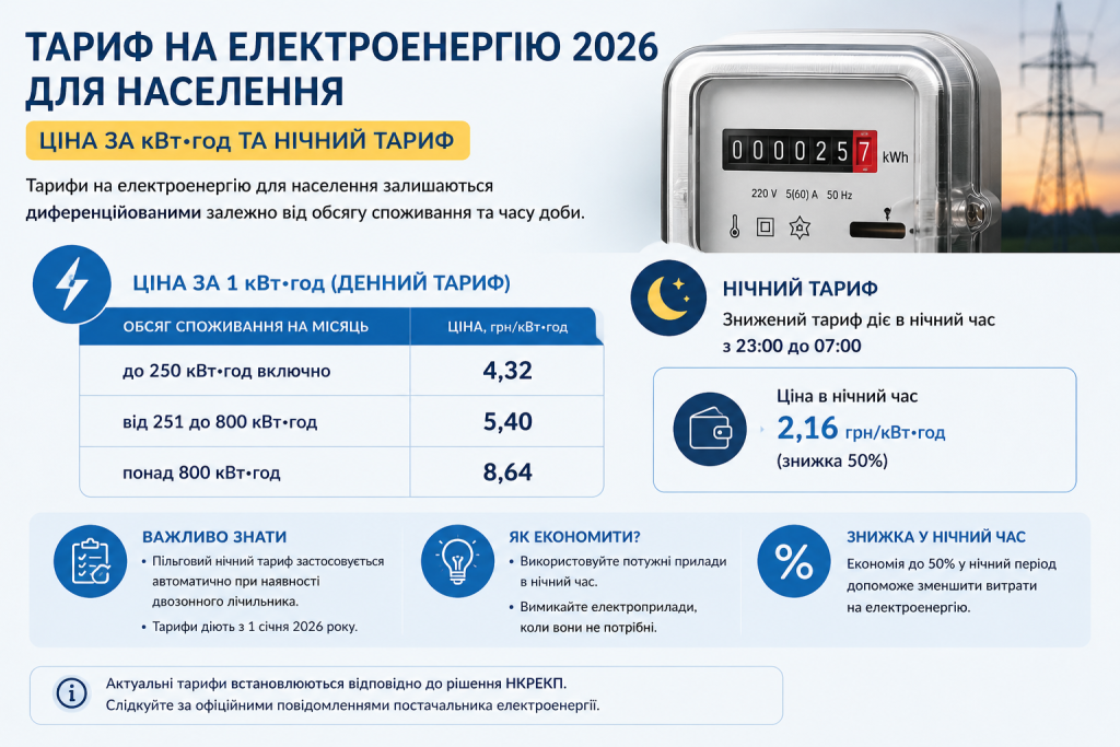 Інфографіка з денними та нічними тарифами на електроенергію для населення України у 2026 році