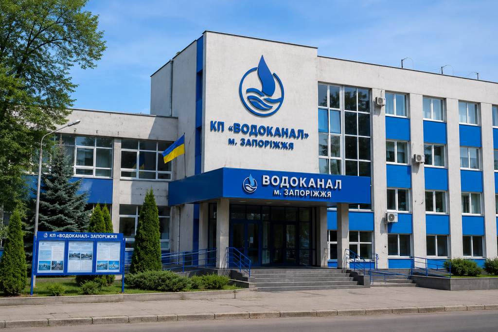 Фасад адміністративної будівлі КП «Водоканал» міста Запоріжжя з логотипом та українським прапором біля входу