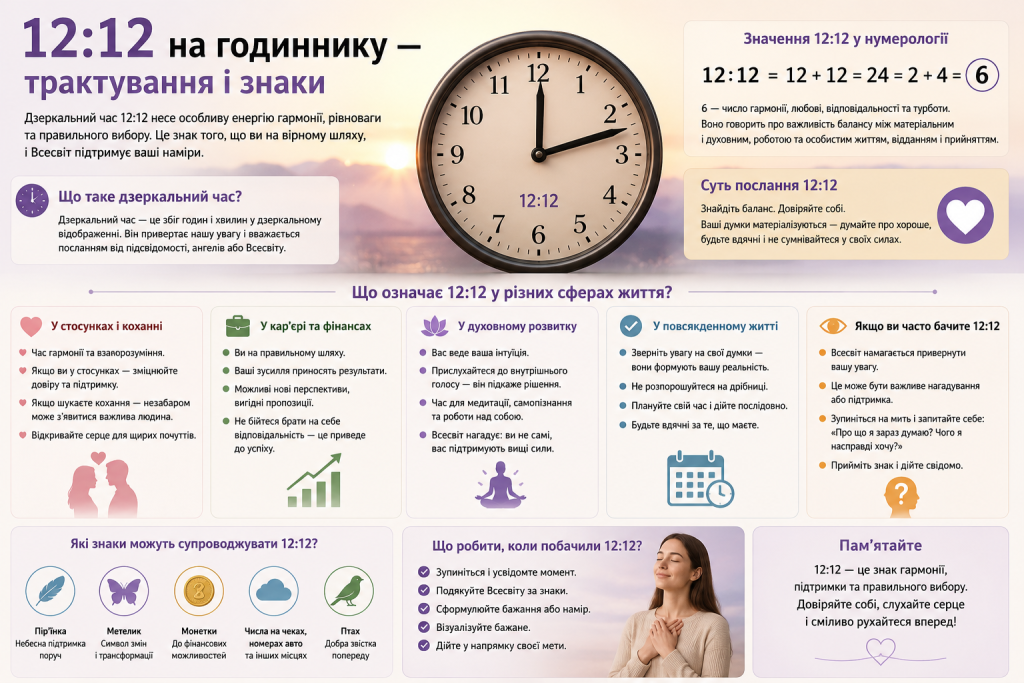 Інфографіка про значення часу 12:12 на годиннику, трактування, нумерологію та можливі знаки.