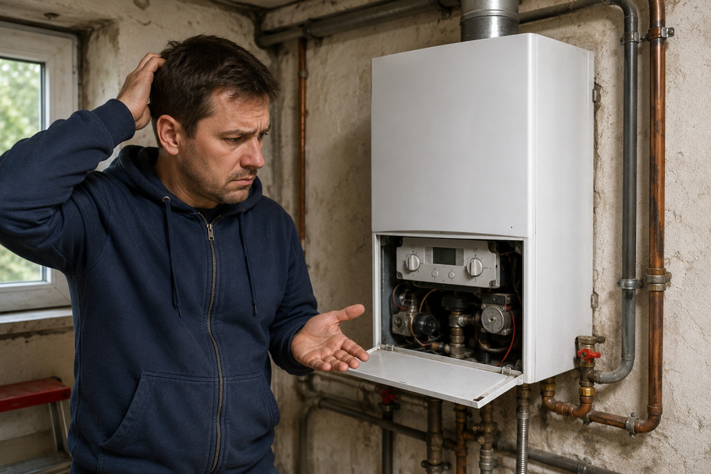 Чоловік розгублено дивиться на несправний газовий котел вдома