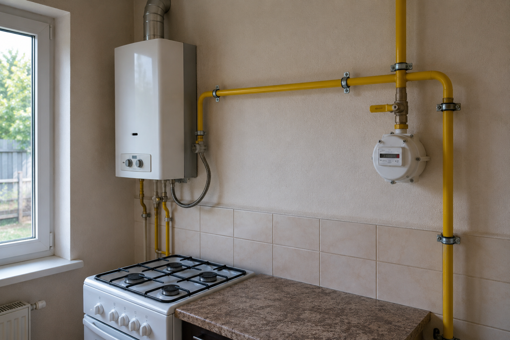 Газова плита, колонка та лічильник газу на кухні з жовтими трубами