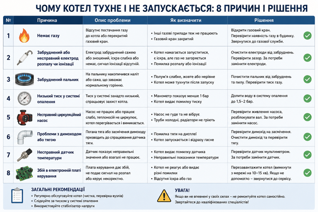 Таблиця причин, чому котел тухне і не запускається, з рішеннями проблем