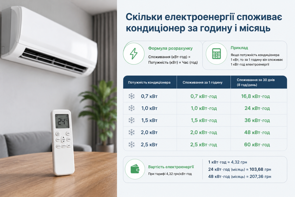 Інфографіка пояснює, скільки електроенергії споживає кондиціонер залежно від потужності, містить формулу розрахунку, приклади витрат електроенергії та орієнтовну вартість використання.