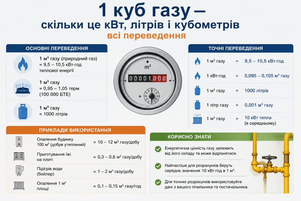 Інфографіка з переведенням 1 кубометра газу в кВт·год, літри та інші одиниці