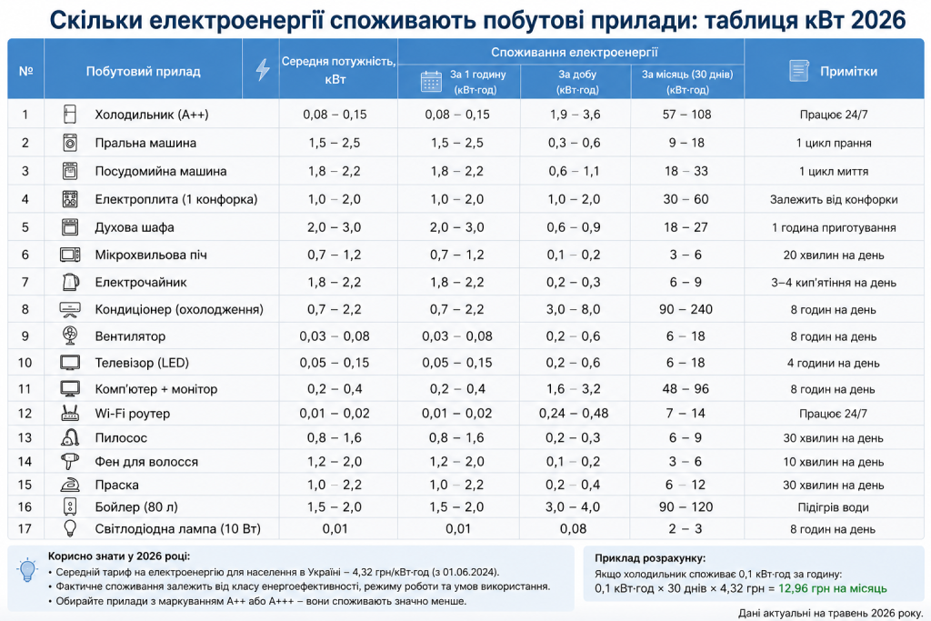 Таблиця споживання електроенергії побутовими приладами в кВт за годину, добу та місяць
