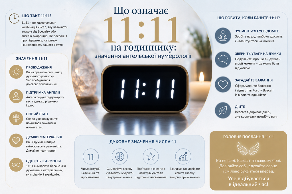 Інфографіка про значення числа 11:11 на годиннику в ангельській нумерології. Пояснення символіки, духовного змісту, можливих послань, значення числа 11 та поради, що робити, якщо часто бачите 11:11.
