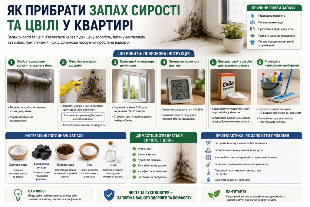 Інфографіка з порадами щодо усунення запаху сирості та цвілі, причин їх появи, профілактики й покрокових дій.