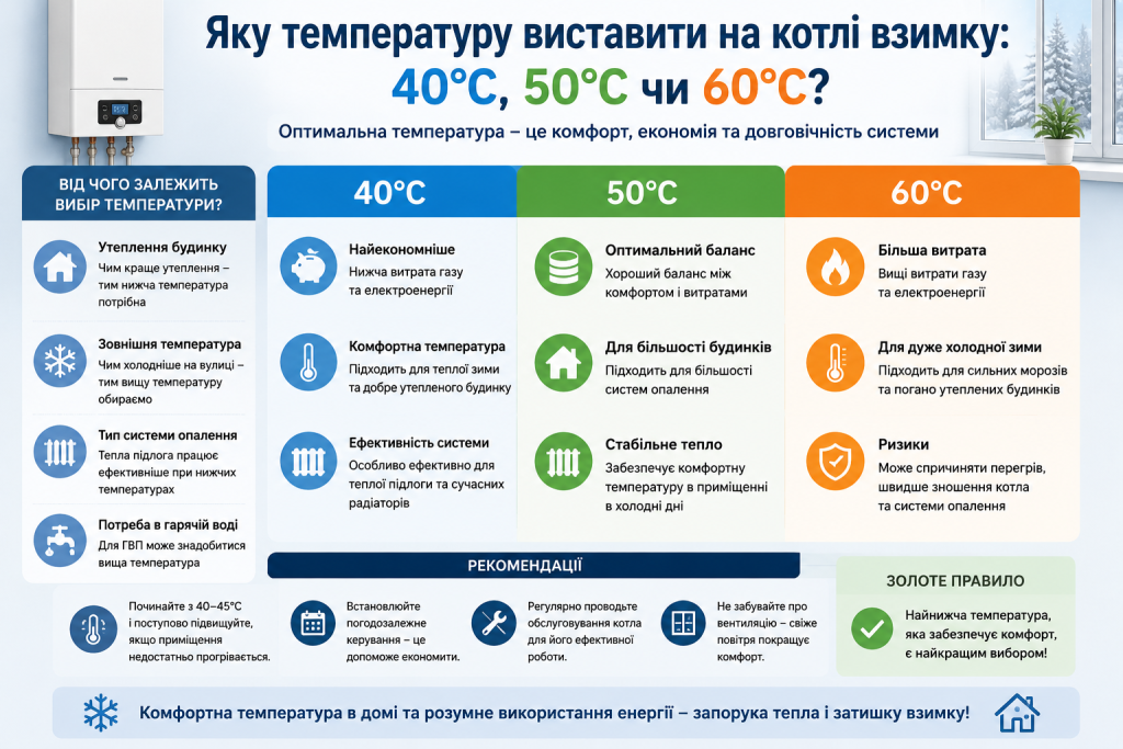 Інфографіка з порівнянням температурних режимів котла 40, 50 та 60°C, від чого залежить вибір та рекомендації