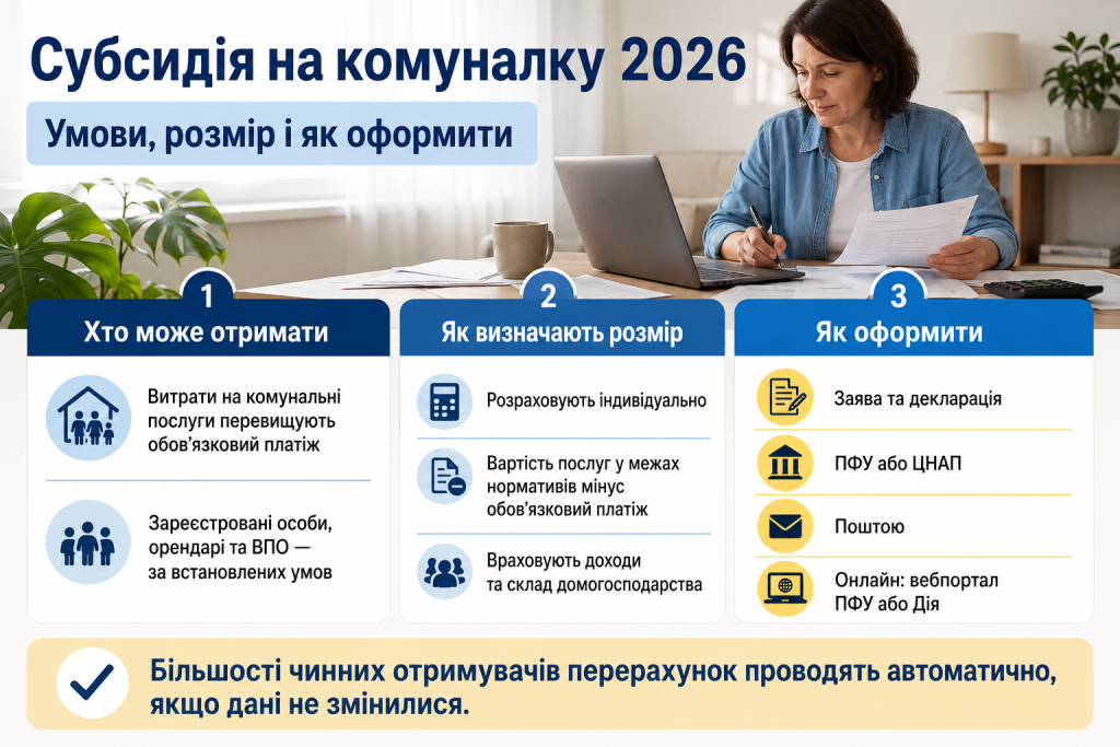 Інфографіка про умови отримання субсидії на комунальні послуги у 2026 році, необхідні документи та порядок оформлення