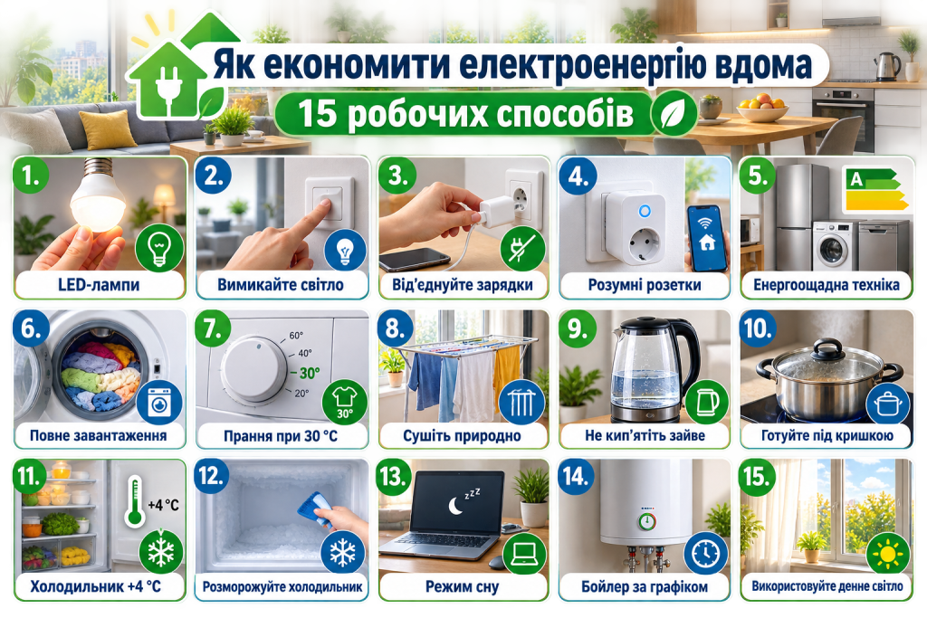 Інфографіка зі способами економії електроенергії, використання енергоощадних приладів та зменшення комунальних витрат