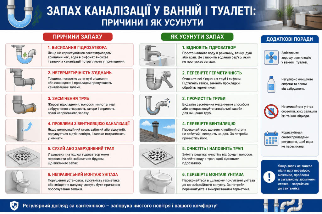 Інфографіка про причини каналізаційного запаху у ванній кімнаті та способи його усунення