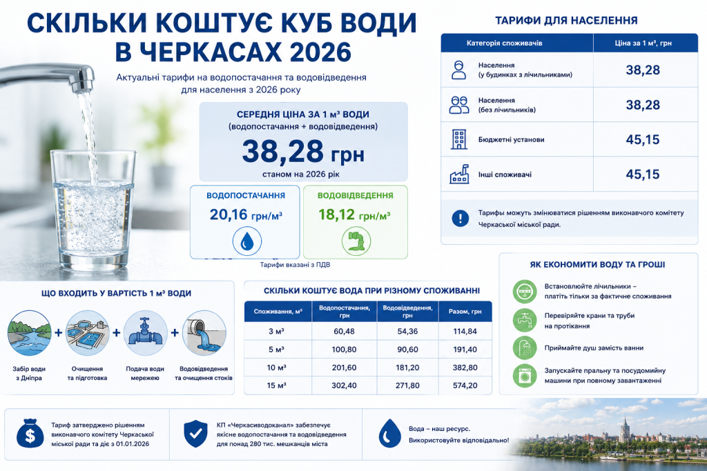 Інфографіка з тарифами на водопостачання та водовідведення в Черкасах у 2026 році