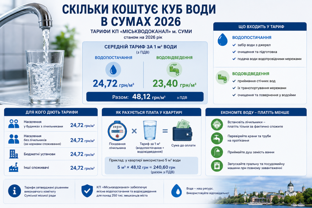 Інфографіка з тарифами на водопостачання та водовідведення в Сумах у 2026 році